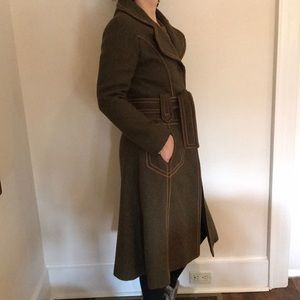 Moss green trench coat.